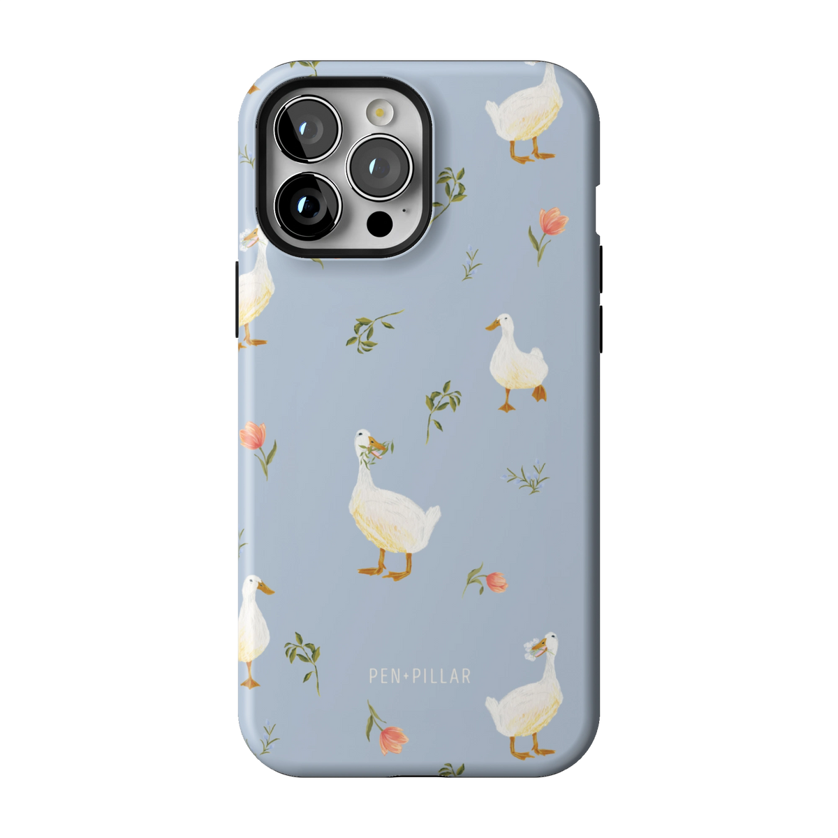 Ducks case on iPhone 13 Pro Max, back view: white ducks and small flower sprigs on soft blue
