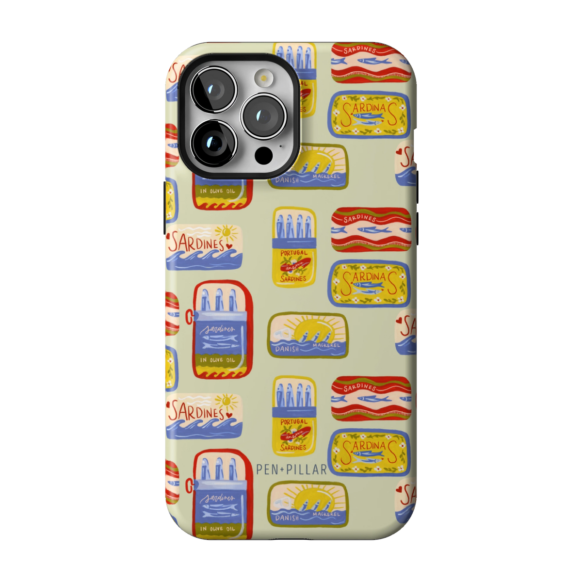 Sardines case on iPhone 13 Pro Max, back view: vintage sardine tins on pale sage