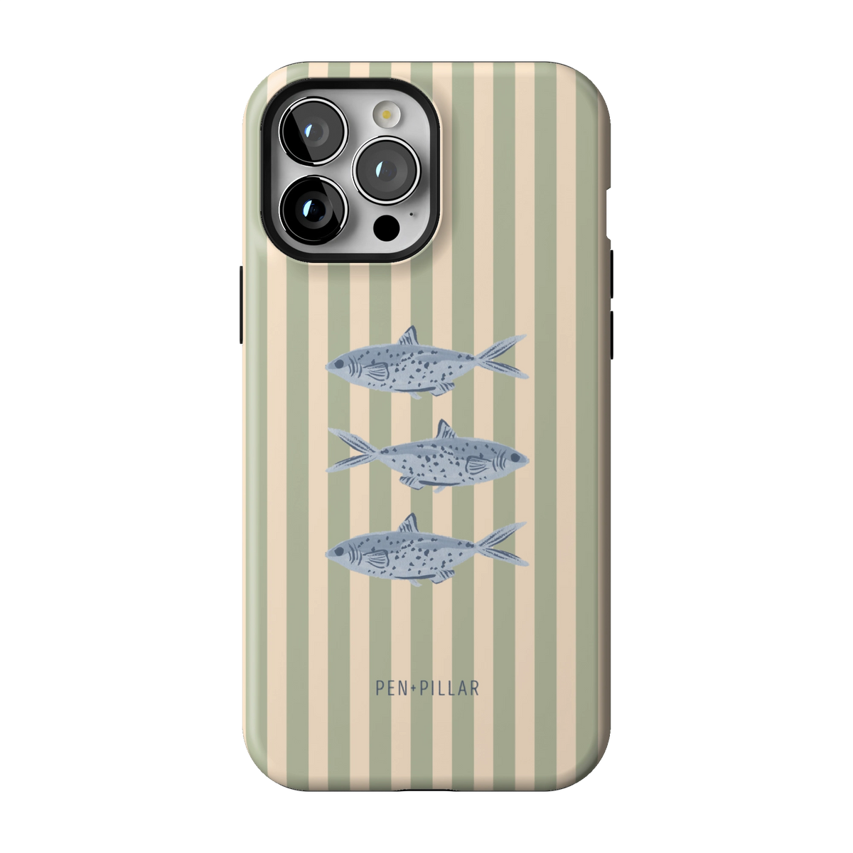 Sea Stripes case on iPhone 13 Pro Max, back view: blue fish on sage and cream stripes