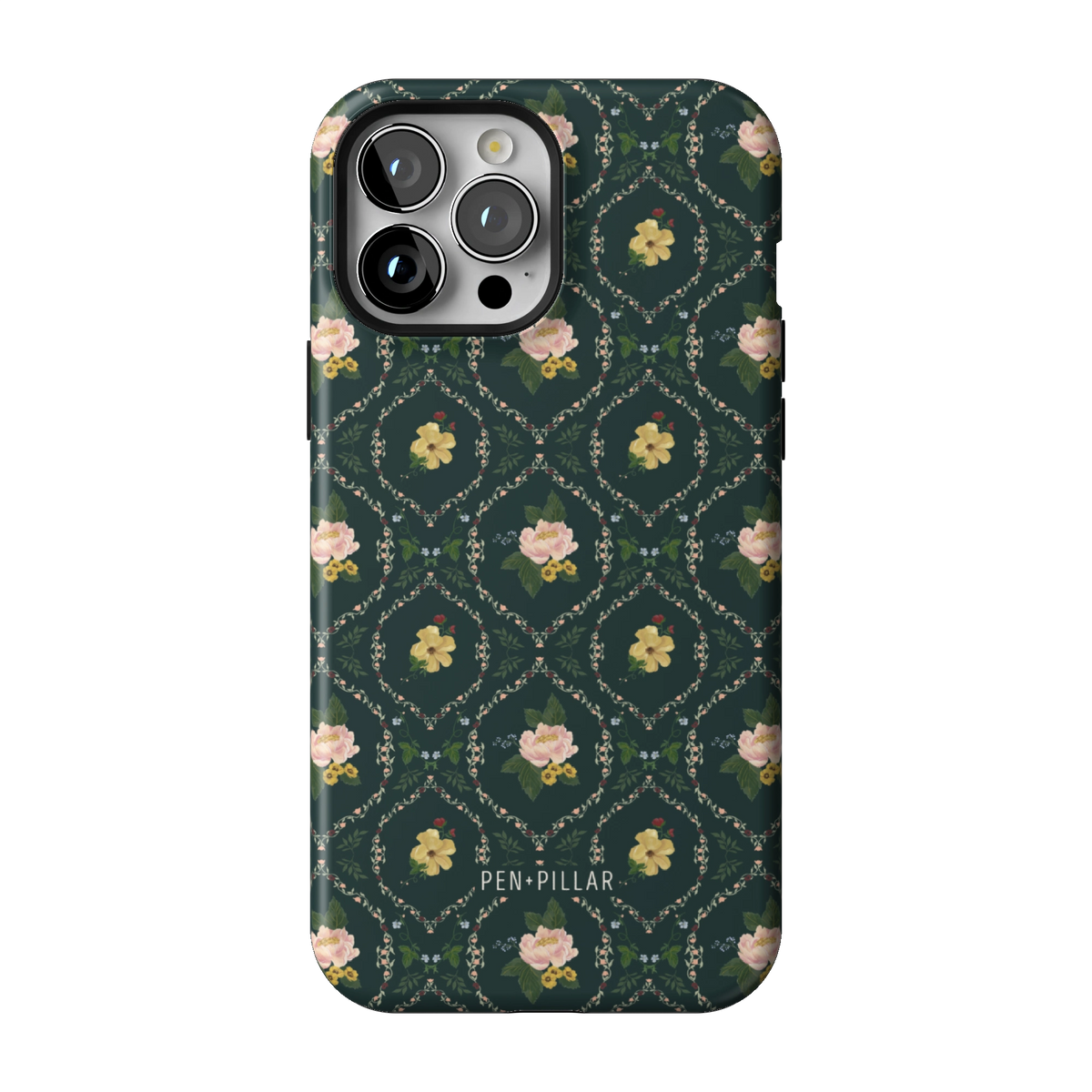 Meadow case on iPhone 13 Pro Max, back view: small yellow and pink flowers in a diamond trellis on deep green