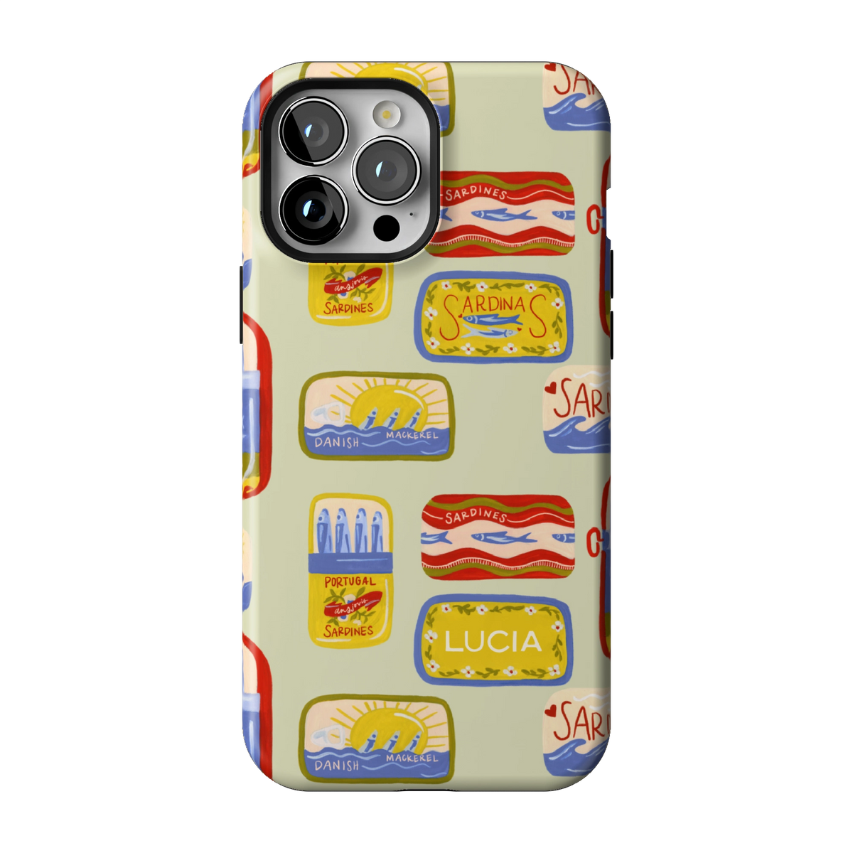 Sardines Personalized case on iPhone 13 Pro Max, back view: vintage sardine tins on pale sage with the name Lucia