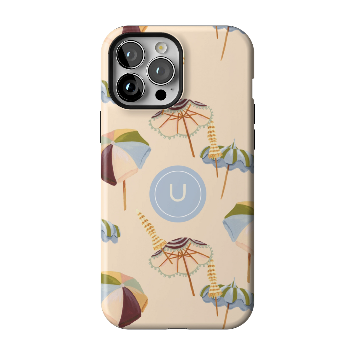 Umbrellas Personalized case on iPhone 13 Pro Max, back view: striped beach umbrellas and loungers on warm sand with the initial U