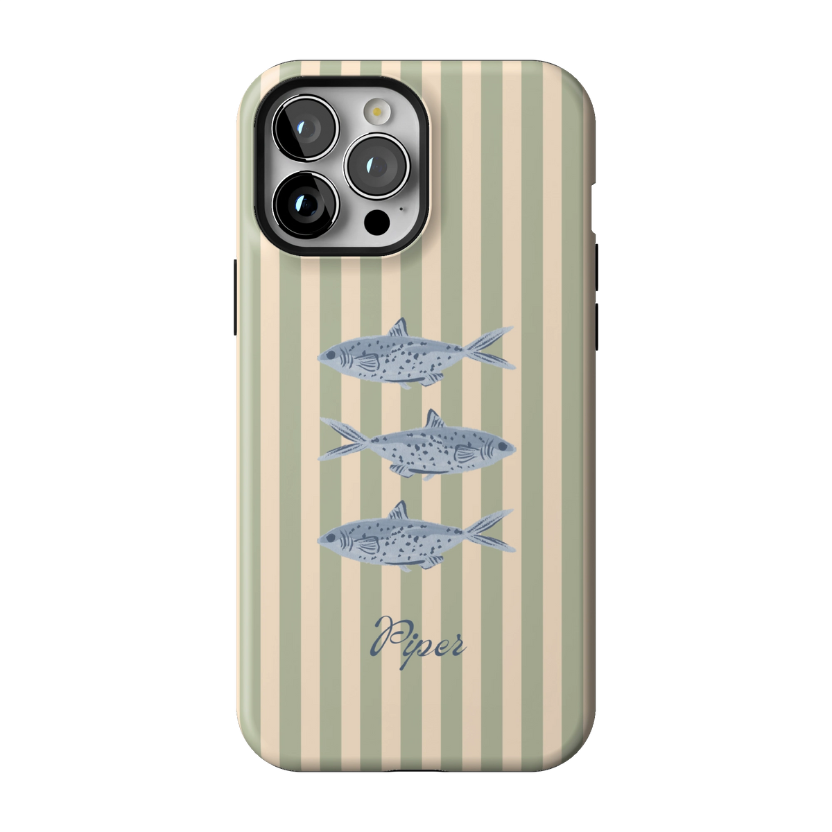 Sea Stripes Personalized case on iPhone 13 Pro Max, back view: blue fish on sage and cream stripes with the name Piper