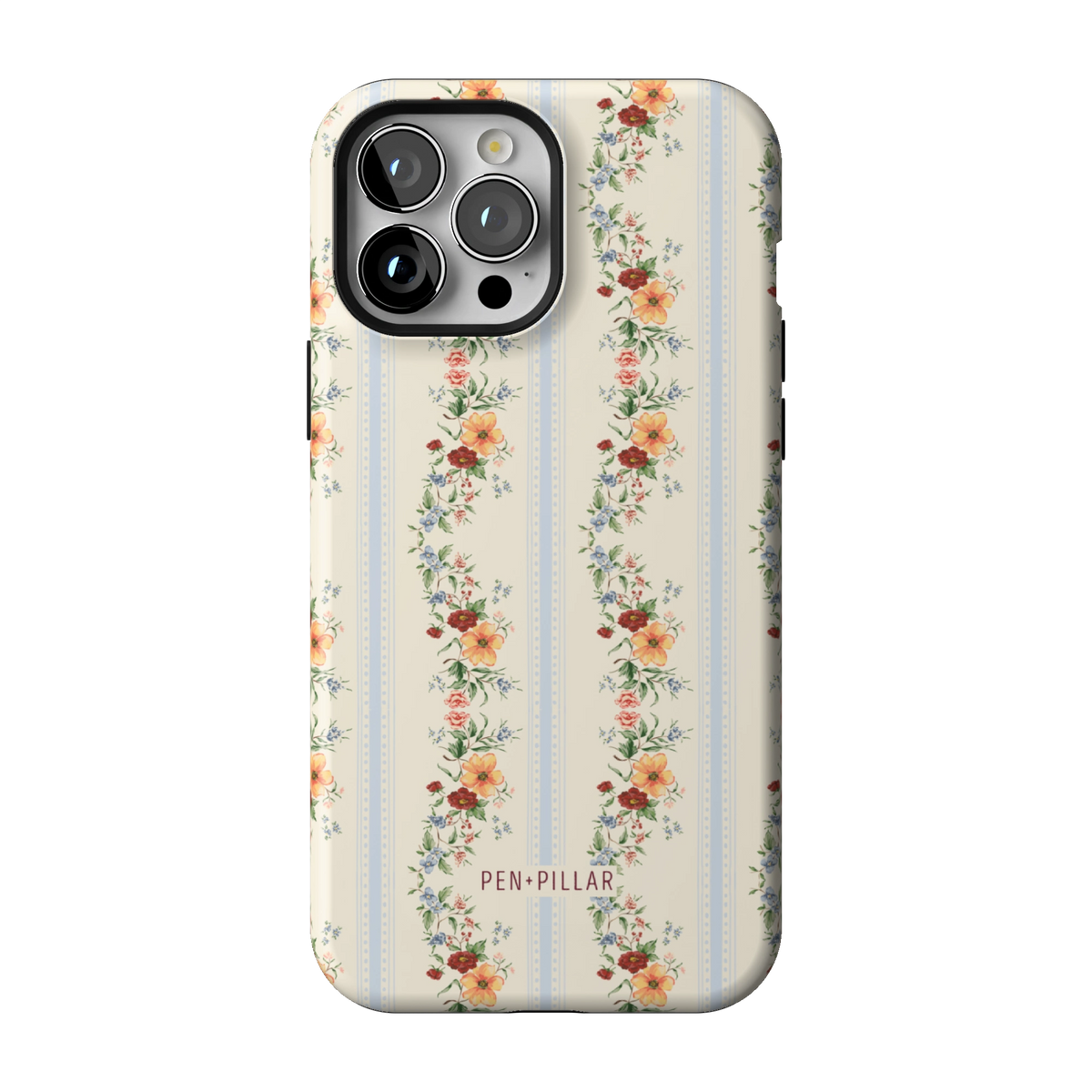 Wallflower case on iPhone 13 Pro Max, back view: floral garlands in orange and blush on cream and pale blue stripes