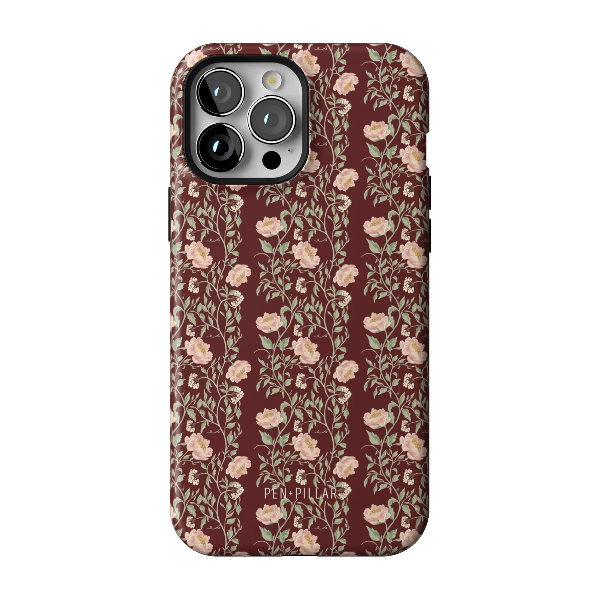 Thicket case on iPhone 13 Pro Max, back view: dense blush and cream florals on deep burgundy