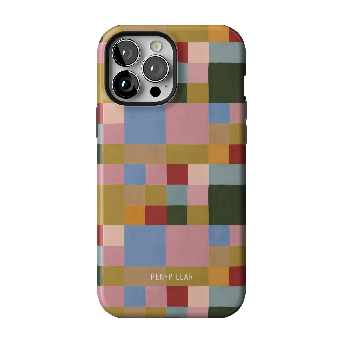 Colorblock case on iPhone 13 Pro Max, back view: painterly squares in blush, sky blue, mustard, rust and forest green
