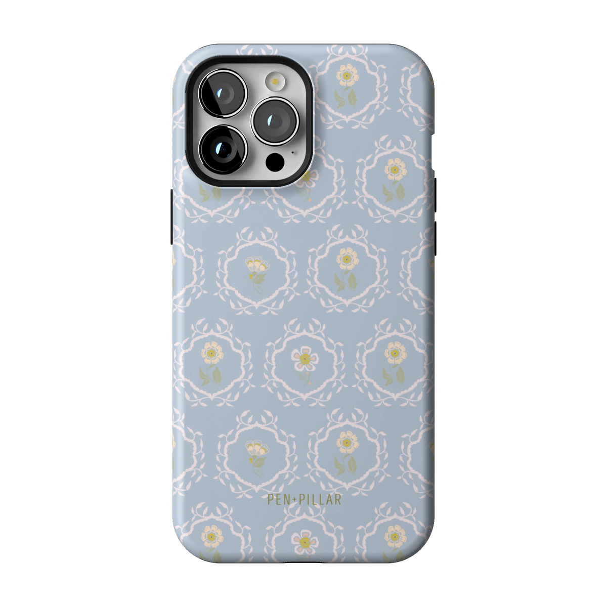 Merrigold case on iPhone 13 Pro Max, back view: small white florals in a lattice on pale blue