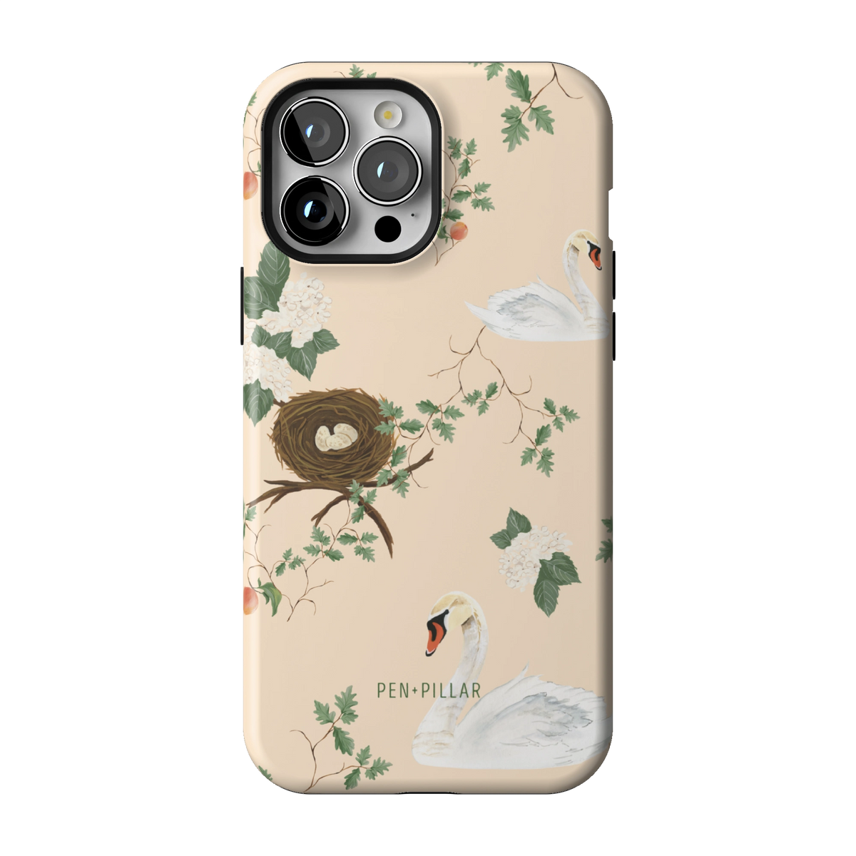 Swan Hollow case on iPhone 13 Pro Max, back view: swans, a bird's nest and trailing greenery on cream
