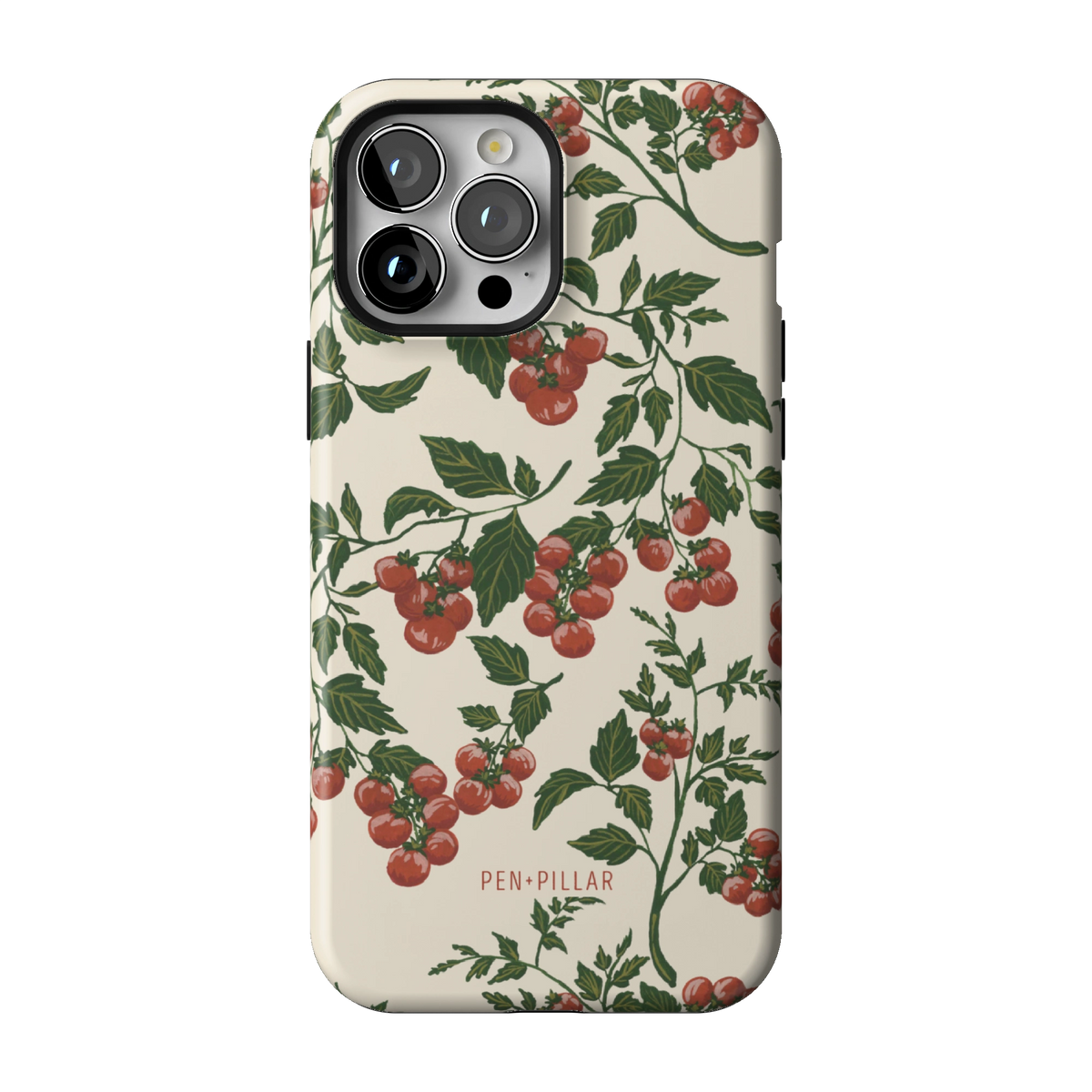 Tomato Vines case on iPhone 13 Pro Max, back view: red tomatoes on leafy green vines over cream