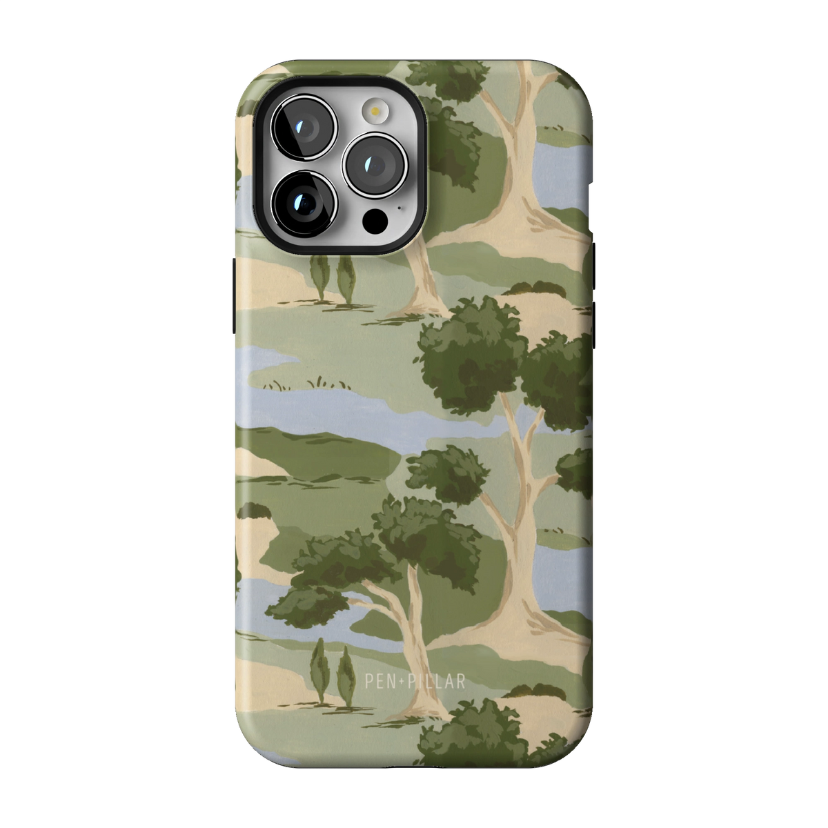 Orchard case on iPhone 13 Pro Max, back view: rolling green trees and winding blue streams on cream