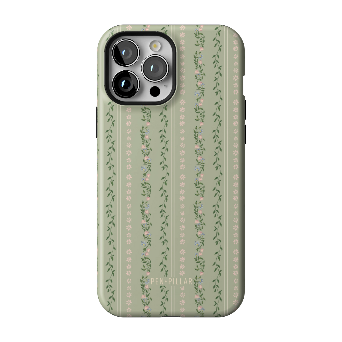 Camellia case on iPhone 13 Pro Max, back view: sage green with soft floral stripes