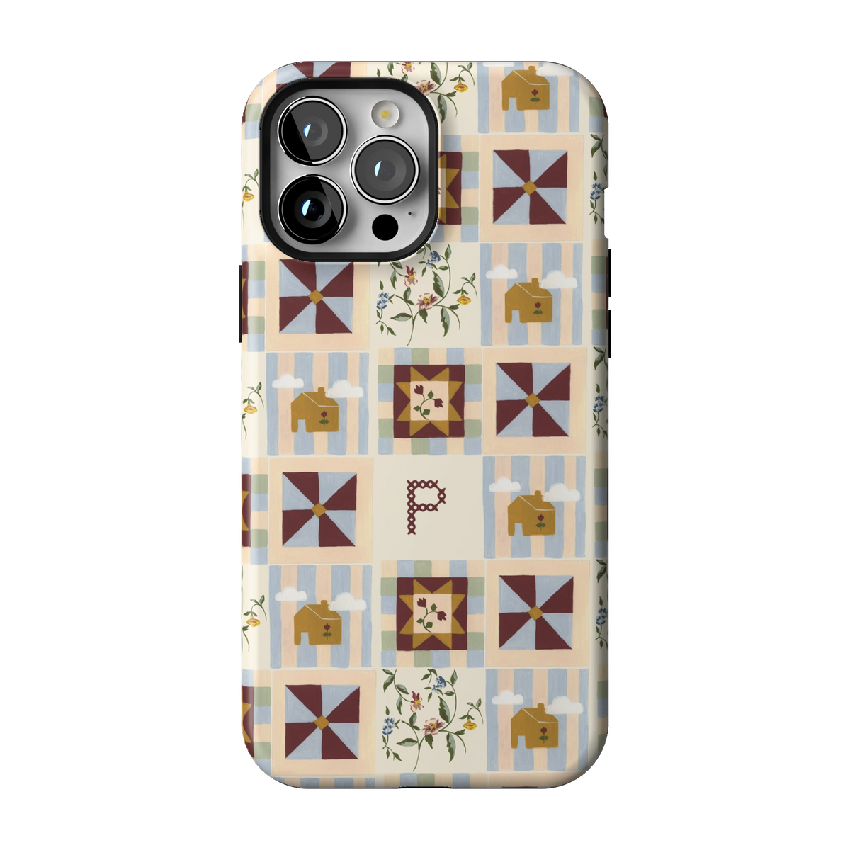 Pinwheel Personalized case on iPhone 13 Pro Max, back view: burgundy pinwheel quilt blocks on blue stripes with the initial P
