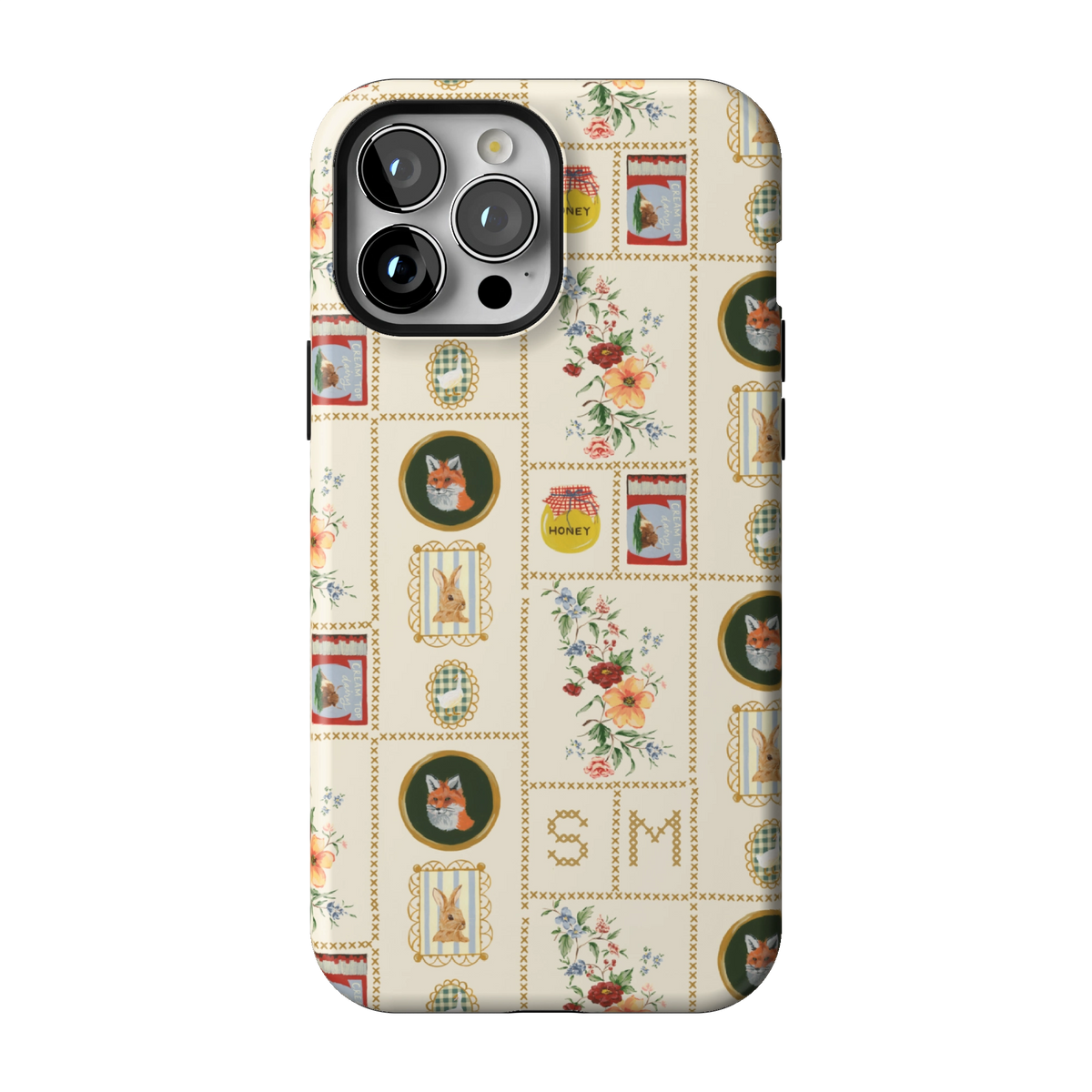 Sampler Personalized case on iPhone 13 Pro Max, back view: cross-stitch style squares of jars, animals and florals on cream with the initials SM