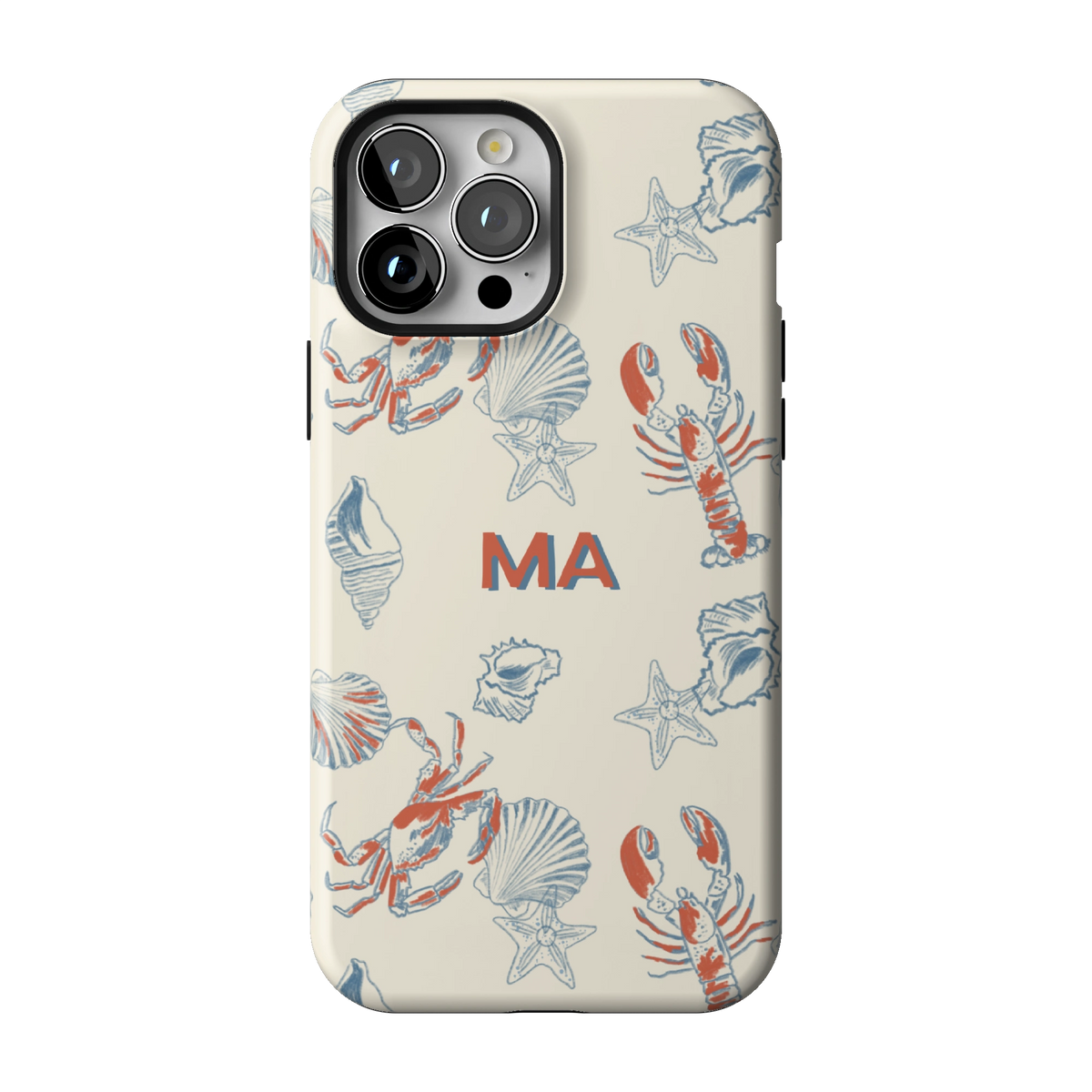 Mariner Personalized case on iPhone 13 Pro Max, back view: red lobsters, blue crabs and seashells on cream with the initials MA