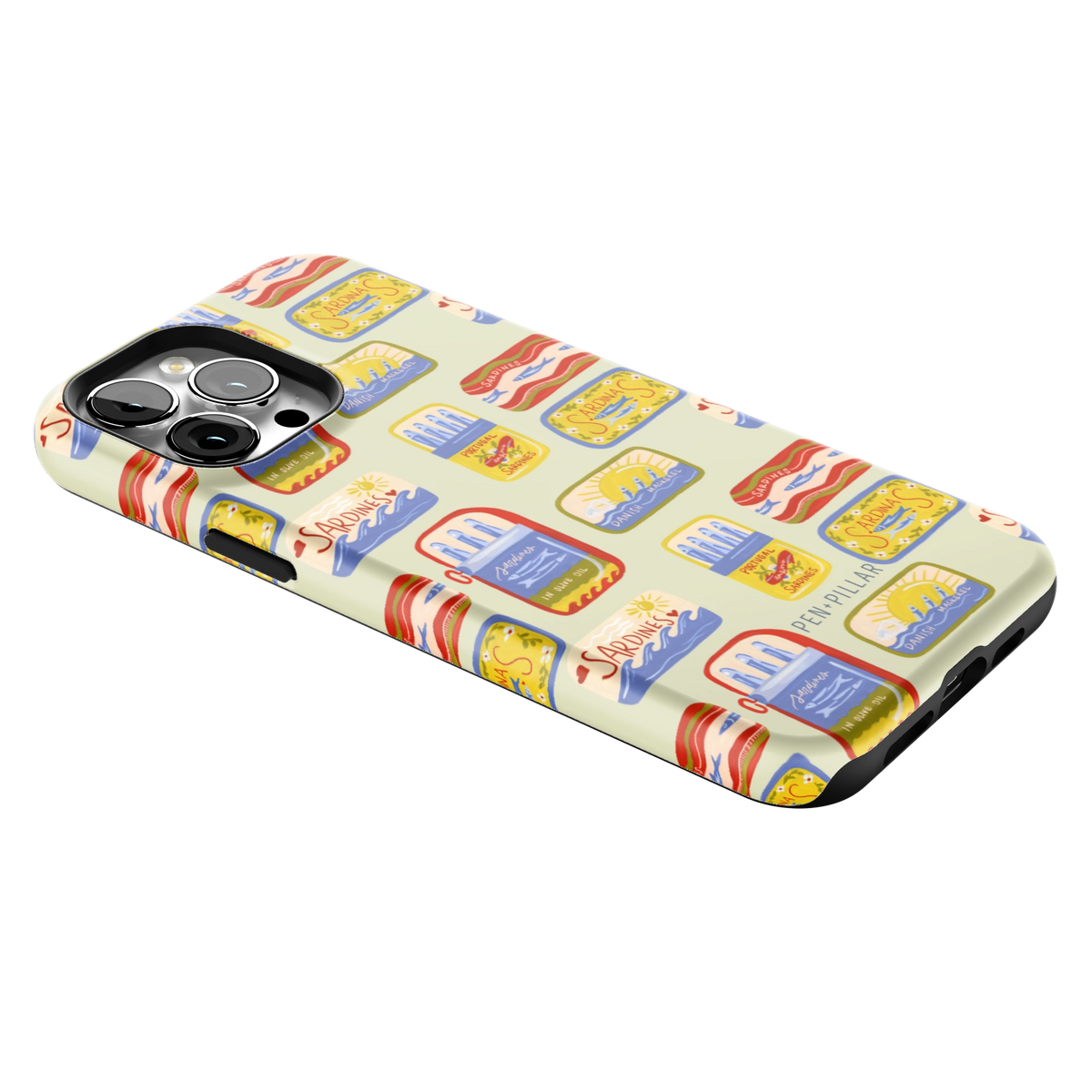 Sardines iPhone 13 Pro Max case lying at an angle, showing the side buttons and print wrapping the edges