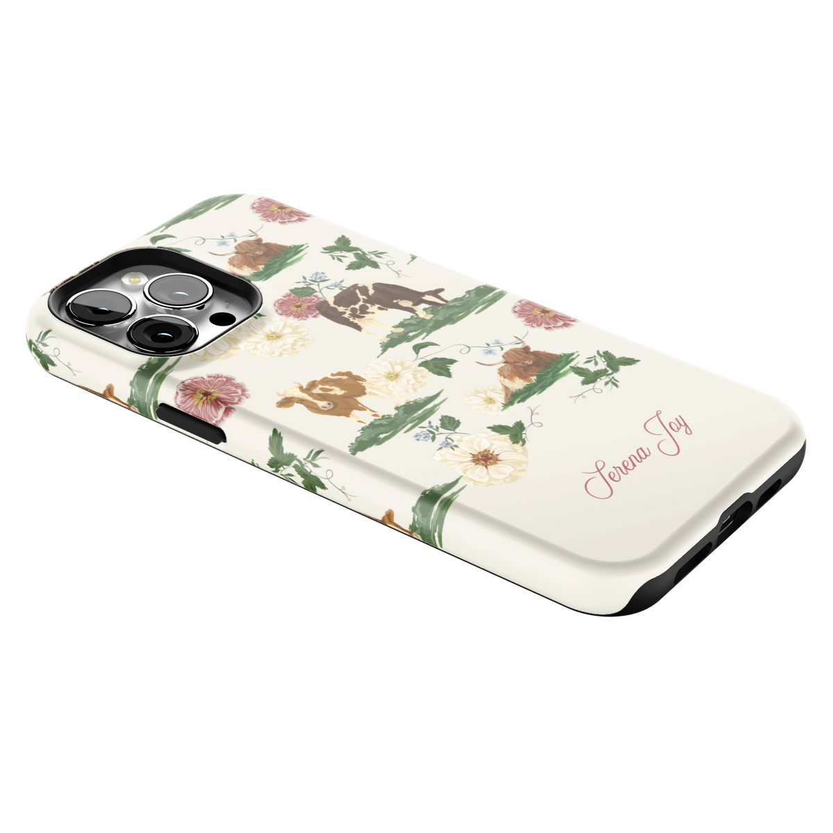 Pasture Personalized iPhone 13 Pro Max case lying at an angle, showing the side buttons and print wrapping the edges