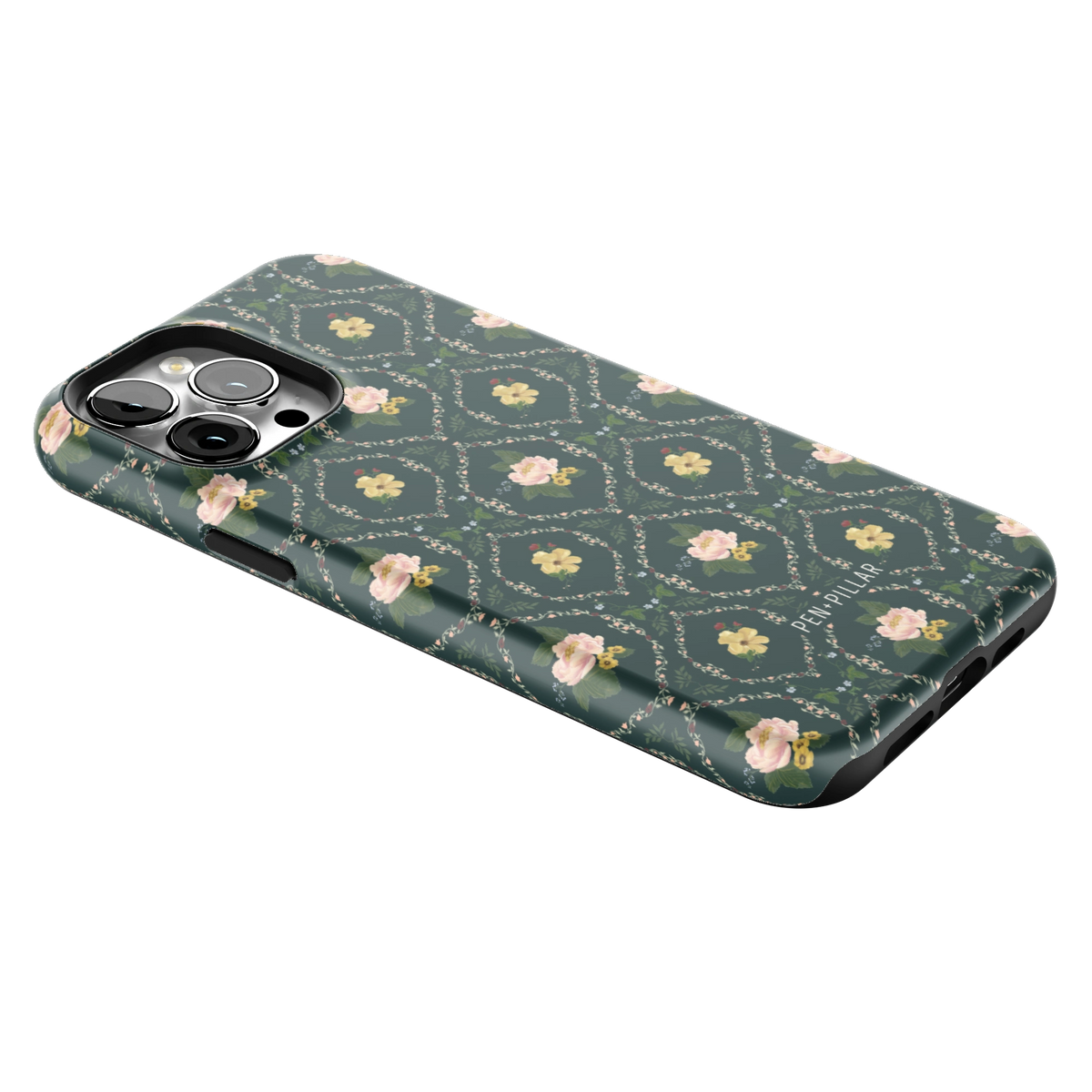 Meadow iPhone 13 Pro Max case lying at an angle, showing the side buttons and print wrapping the edges