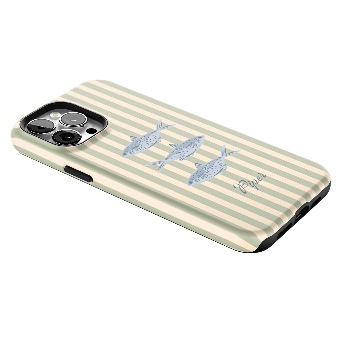 Sea Stripes Personalized iPhone 13 Pro Max case lying at an angle, showing the side buttons and print wrapping the edges