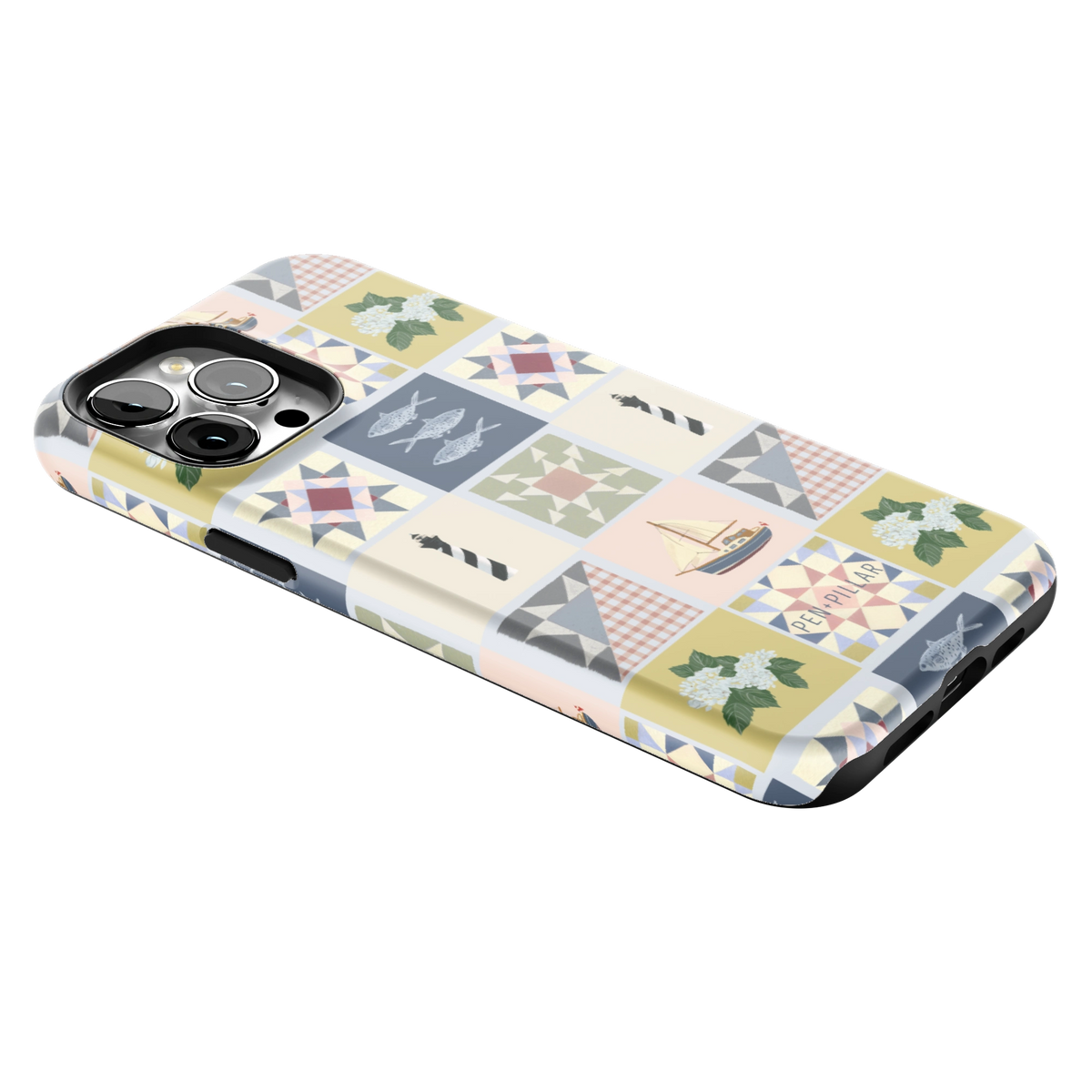 Coastal Quilt iPhone 13 Pro Max case lying at an angle, showing the side buttons and print wrapping the edges