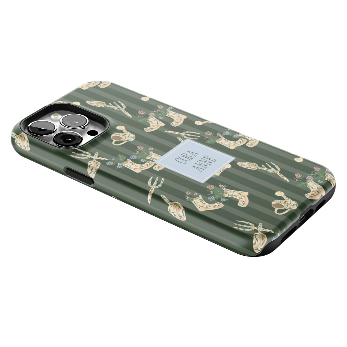 In the Garden Personalized iPhone 13 Pro Max case lying at an angle, showing the side buttons and print wrapping the edges