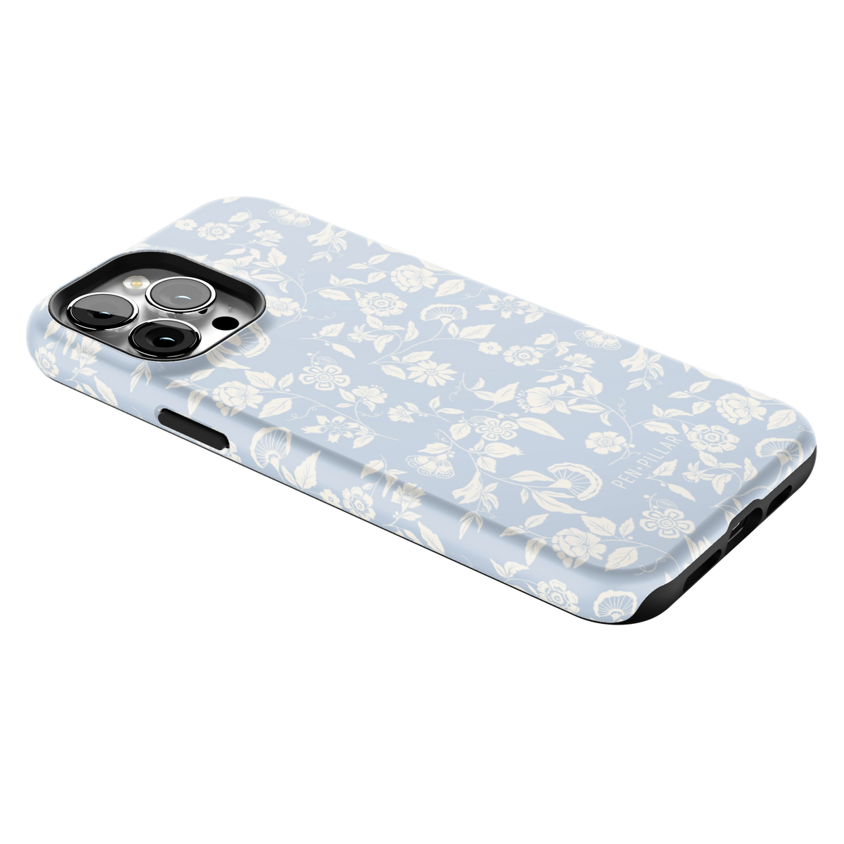 Spritz iPhone 13 Pro Max case lying at an angle, showing the side buttons and print wrapping the edges