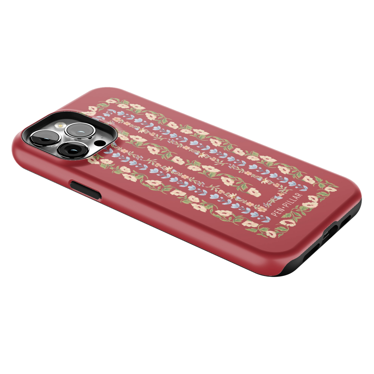 Fiona iPhone 13 Pro Max case lying at an angle, showing the side buttons and print wrapping the edges