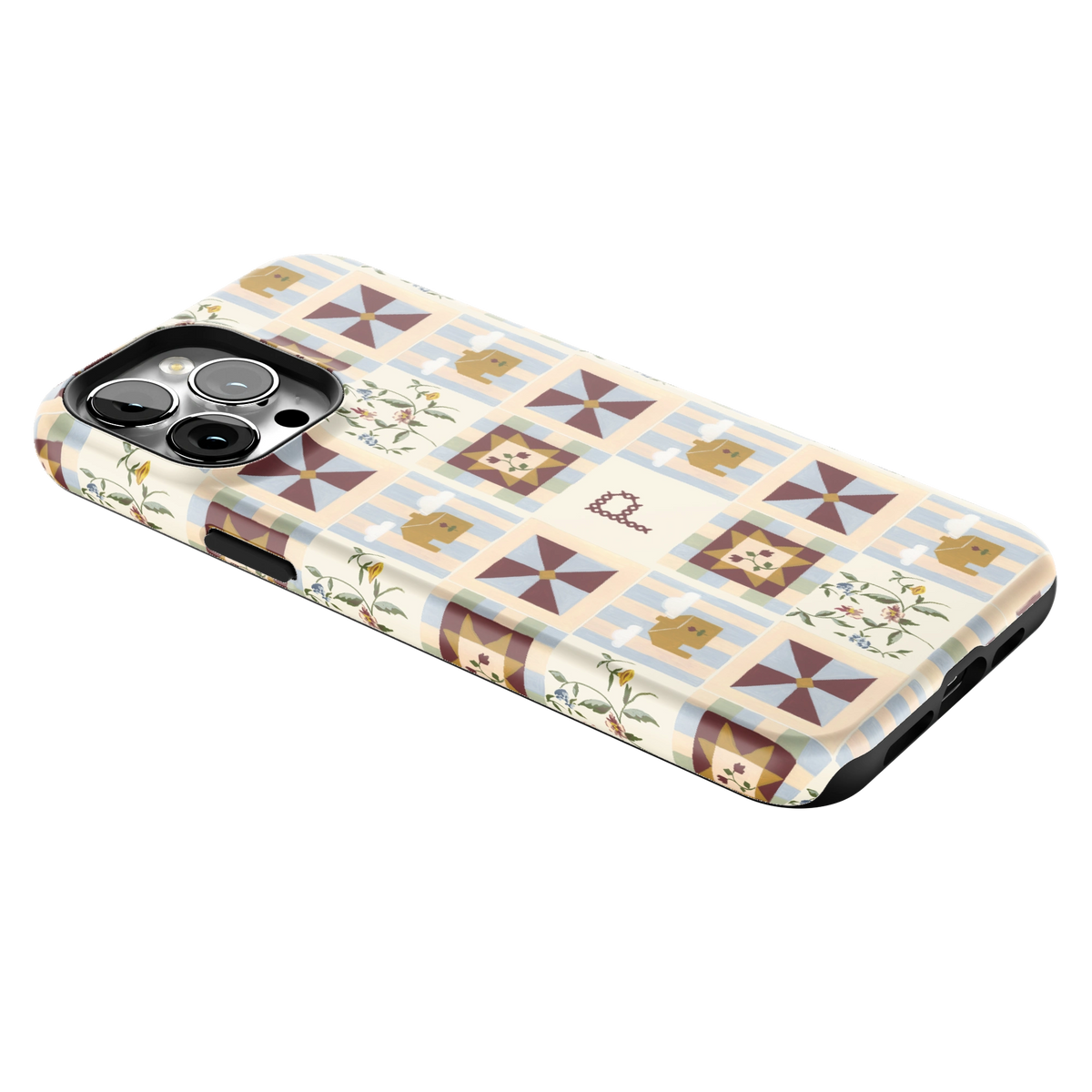 Pinwheel Personalized iPhone 13 Pro Max case lying at an angle, showing the side buttons and print wrapping the edges