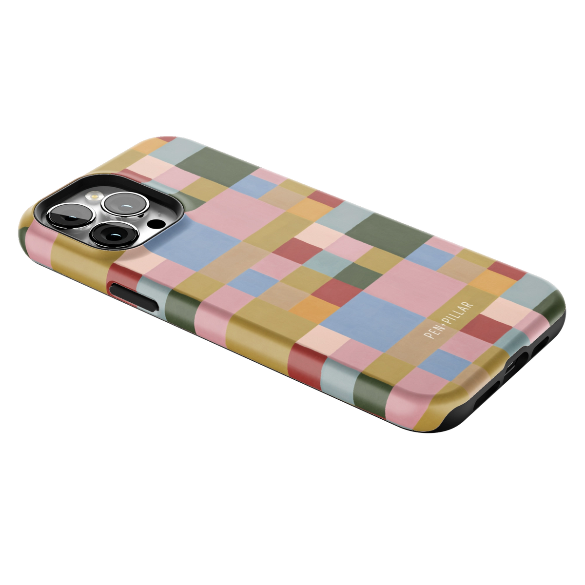 Colorblock iPhone 13 Pro Max case lying at an angle, showing the side buttons and print wrapping the edges
