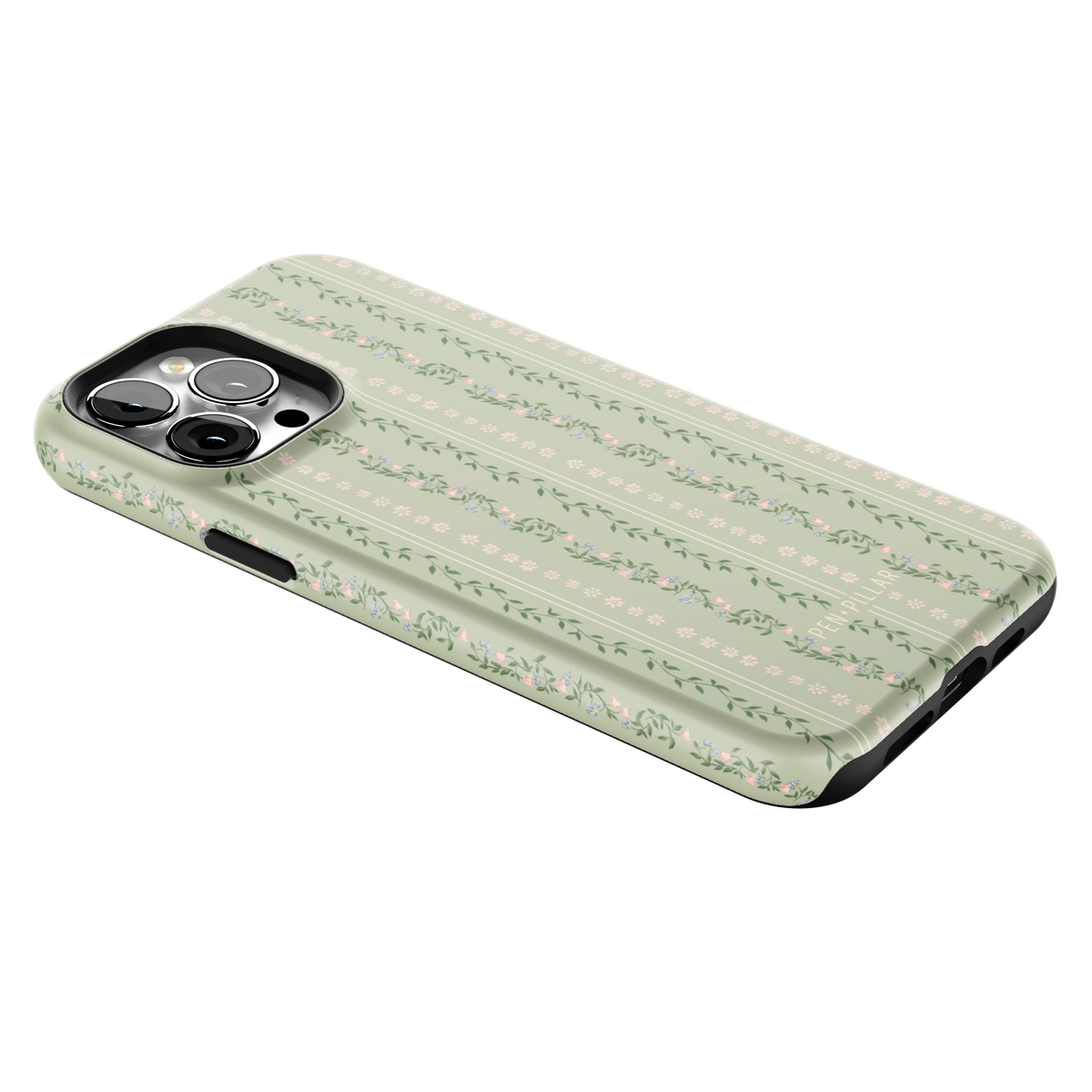 Camellia iPhone 13 Pro Max case lying at an angle, showing the side buttons and print wrapping the edges