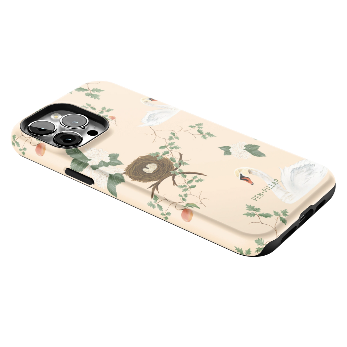 Swan Hollow iPhone 13 Pro Max case lying at an angle, showing the side buttons and print wrapping the edges
