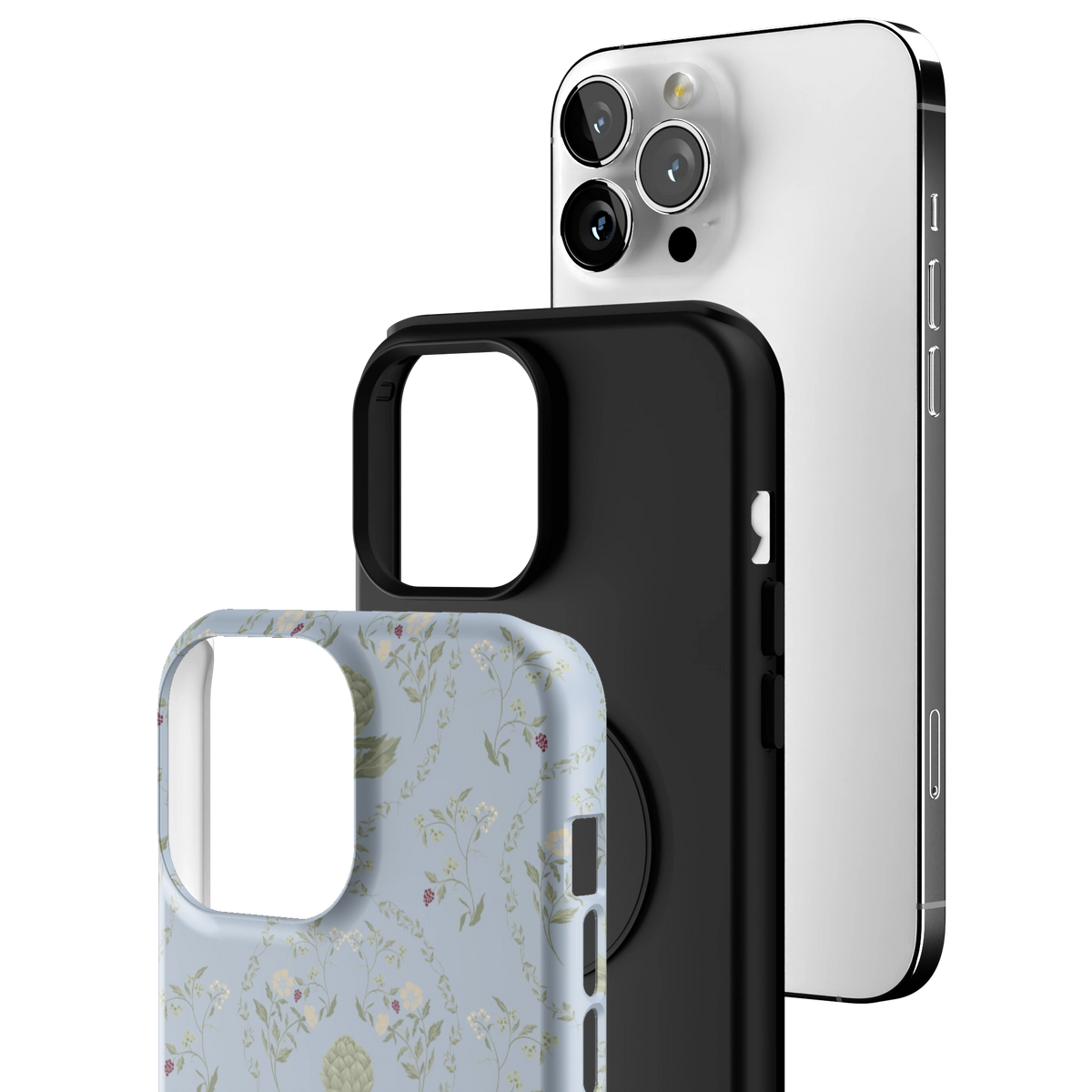 Exploded view of the Artichoke iPhone 13 Pro Max case: printed shell, black inner layer with MagSafe ring, and phone