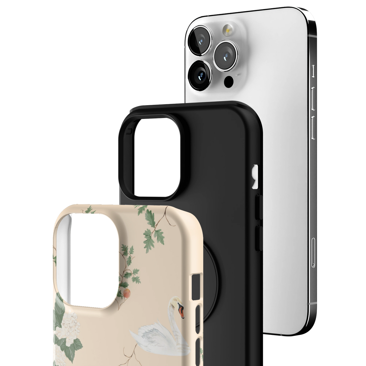 Exploded view of the Swan Hollow iPhone 13 Pro Max case: printed shell, black inner layer with MagSafe ring, and phone