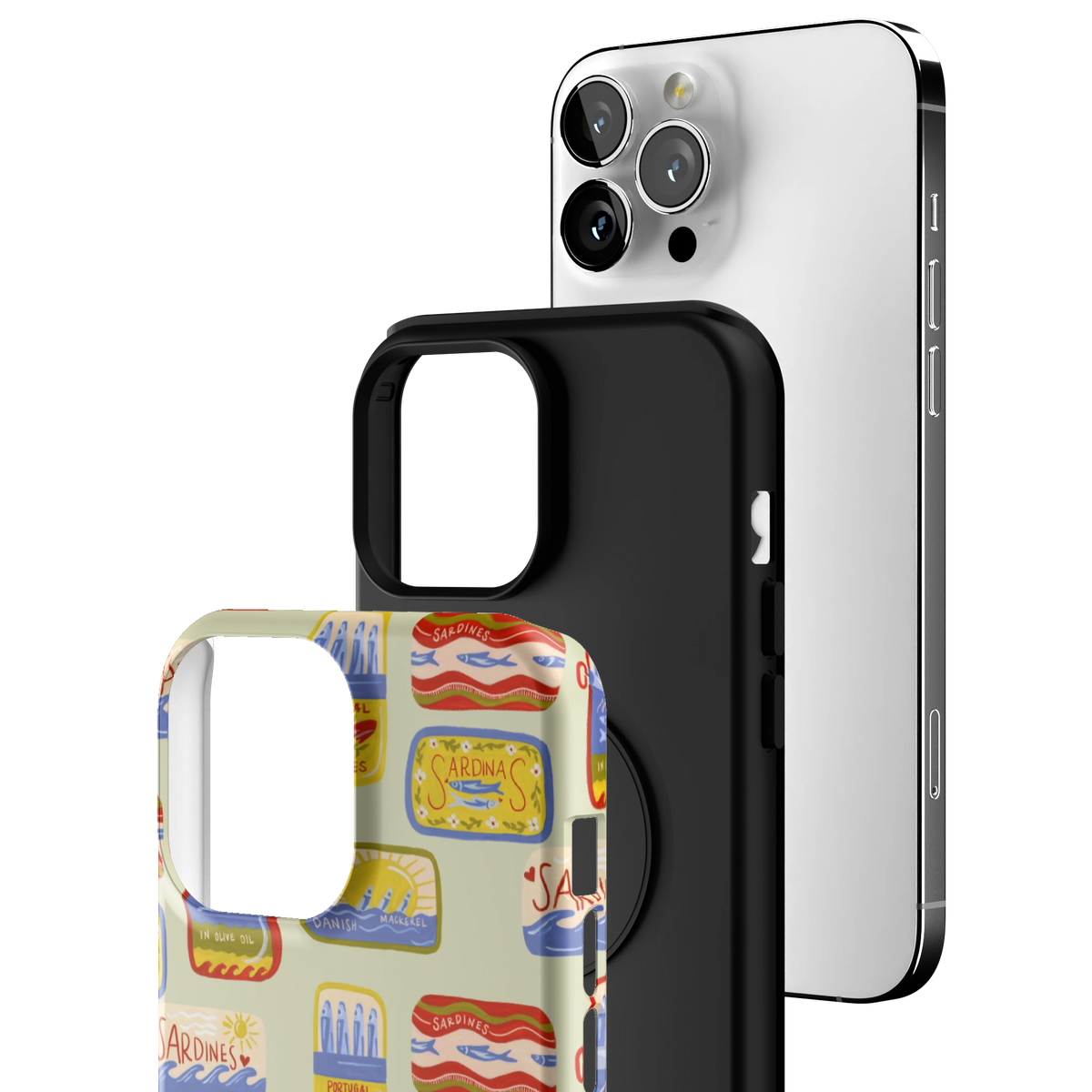 Exploded view of the Sardines iPhone 13 Pro Max case: printed shell, black inner layer with MagSafe ring, and phone