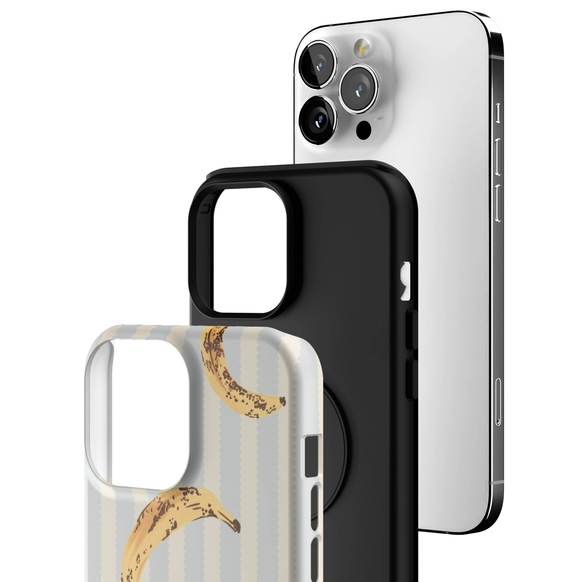 Exploded view of the Striped Bananas Personalized iPhone 13 Pro Max case: printed shell, black inner layer with MagSafe ring, and phone