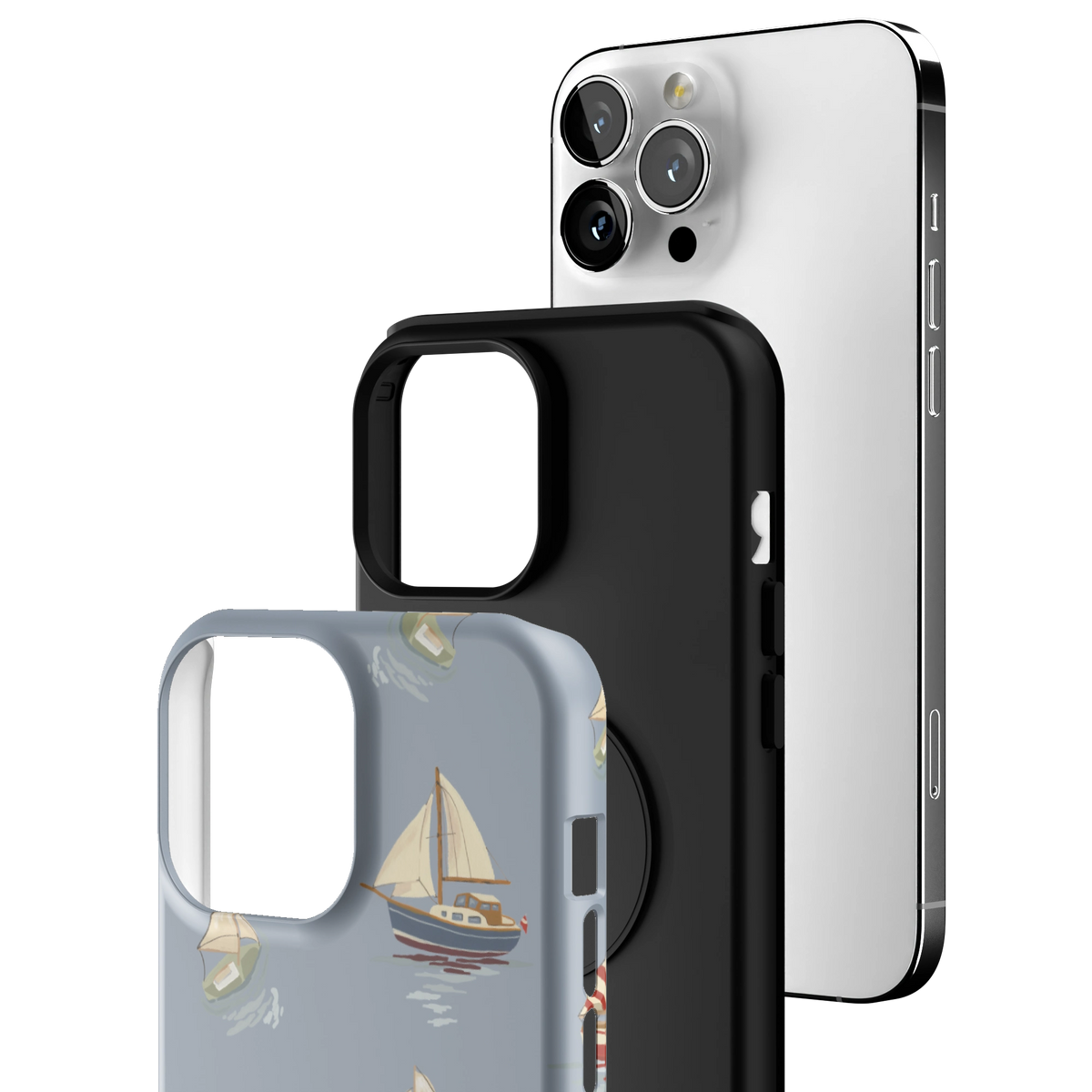 Exploded view of the Harbor iPhone 13 Pro Max case: printed shell, black inner layer with MagSafe ring, and phone