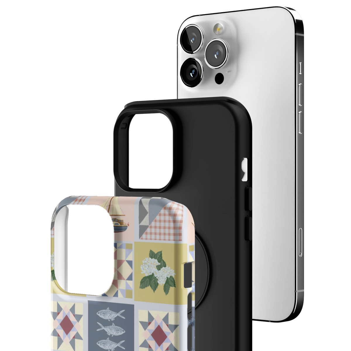Exploded view of the Coastal Quilt iPhone 13 Pro Max case: printed shell, black inner layer with MagSafe ring, and phone