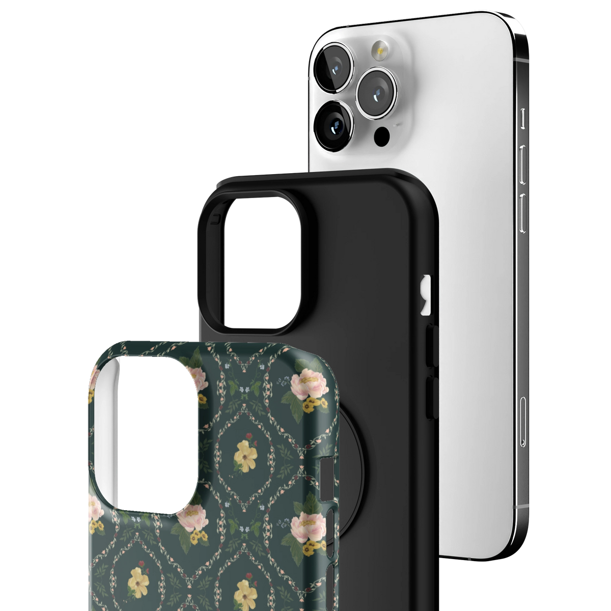 Exploded view of the Meadow iPhone 13 Pro Max case: printed shell, black inner layer with MagSafe ring, and phone