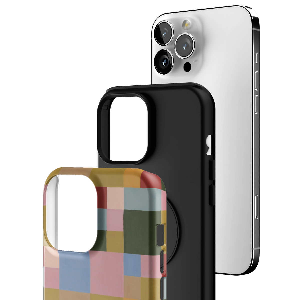 Exploded view of the Colorblock iPhone 13 Pro Max case: printed shell, black inner layer with MagSafe ring, and phone