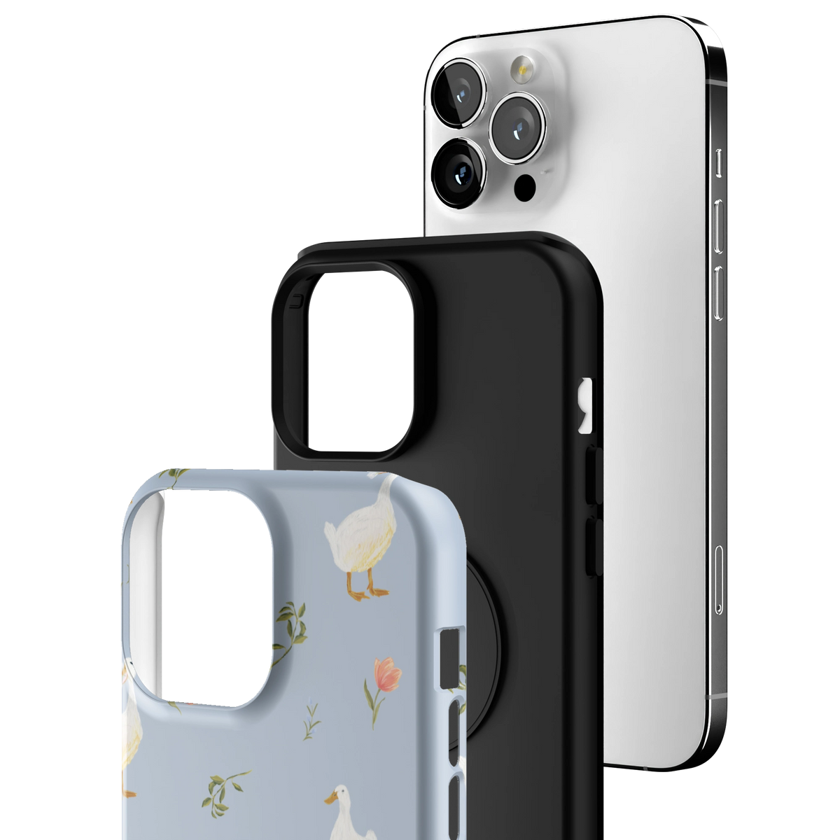 Exploded view of the Ducks iPhone 13 Pro Max case: printed shell, black inner layer with MagSafe ring, and phone
