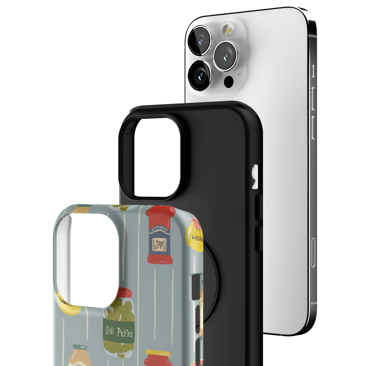 Exploded view of the Preserves Personalized iPhone 13 Pro Max case: printed shell, black inner layer with MagSafe ring, and phone