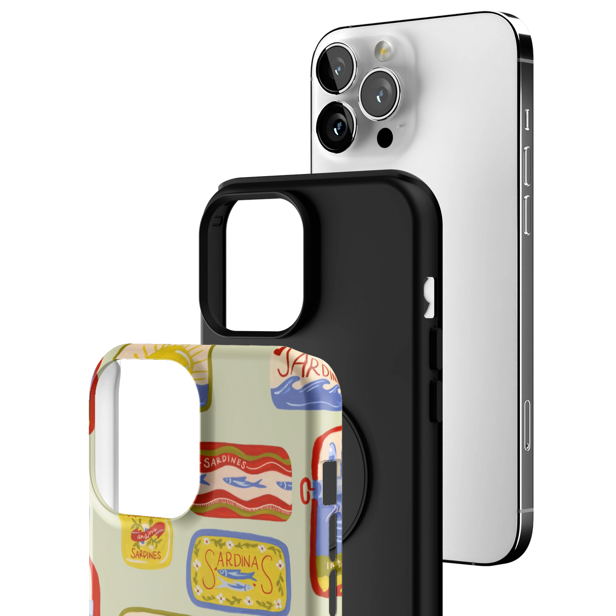 Exploded view of the Sardines Personalized iPhone 13 Pro Max case: printed shell, black inner layer with MagSafe ring, and phone