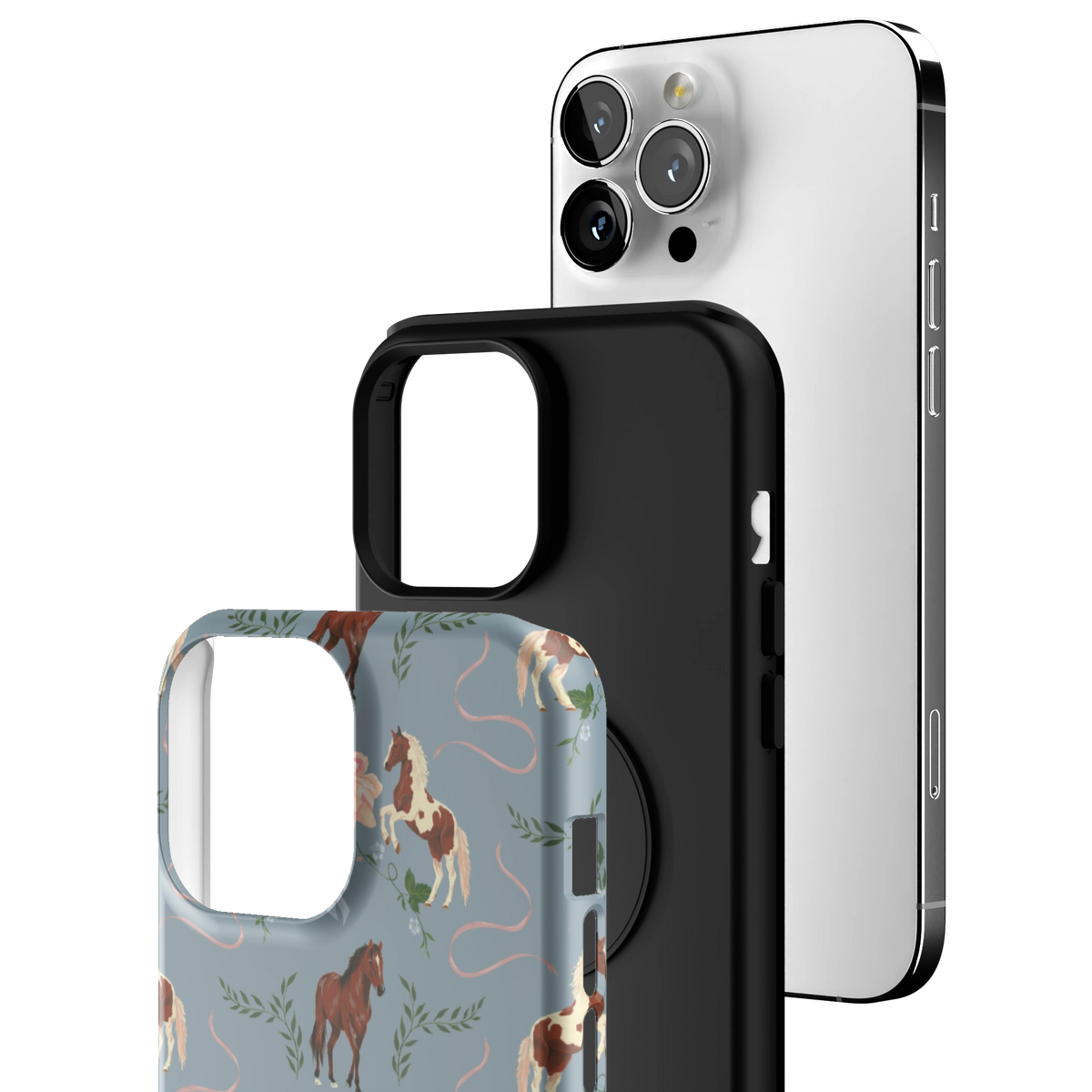 Exploded view of the Prairie Personalized iPhone 13 Pro Max case: printed shell, black inner layer with MagSafe ring, and phone