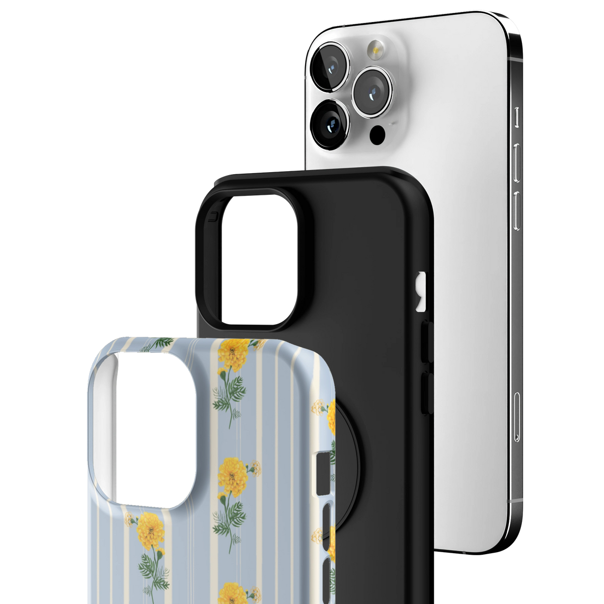 Exploded view of the October Birth Month iPhone 13 Pro Max case: printed shell, black inner layer with MagSafe ring, and phone