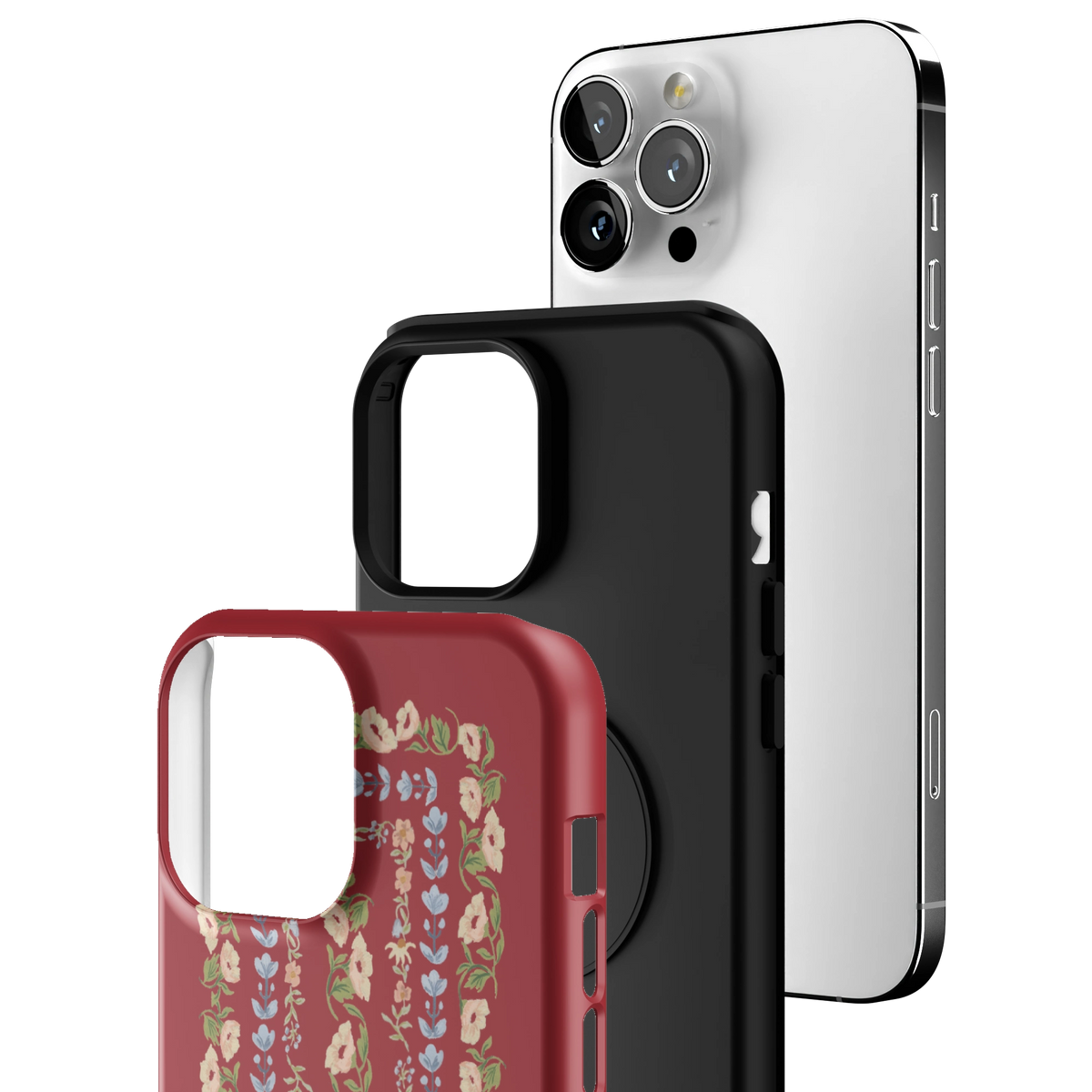 Exploded view of the Fiona iPhone 13 Pro Max case: printed shell, black inner layer with MagSafe ring, and phone