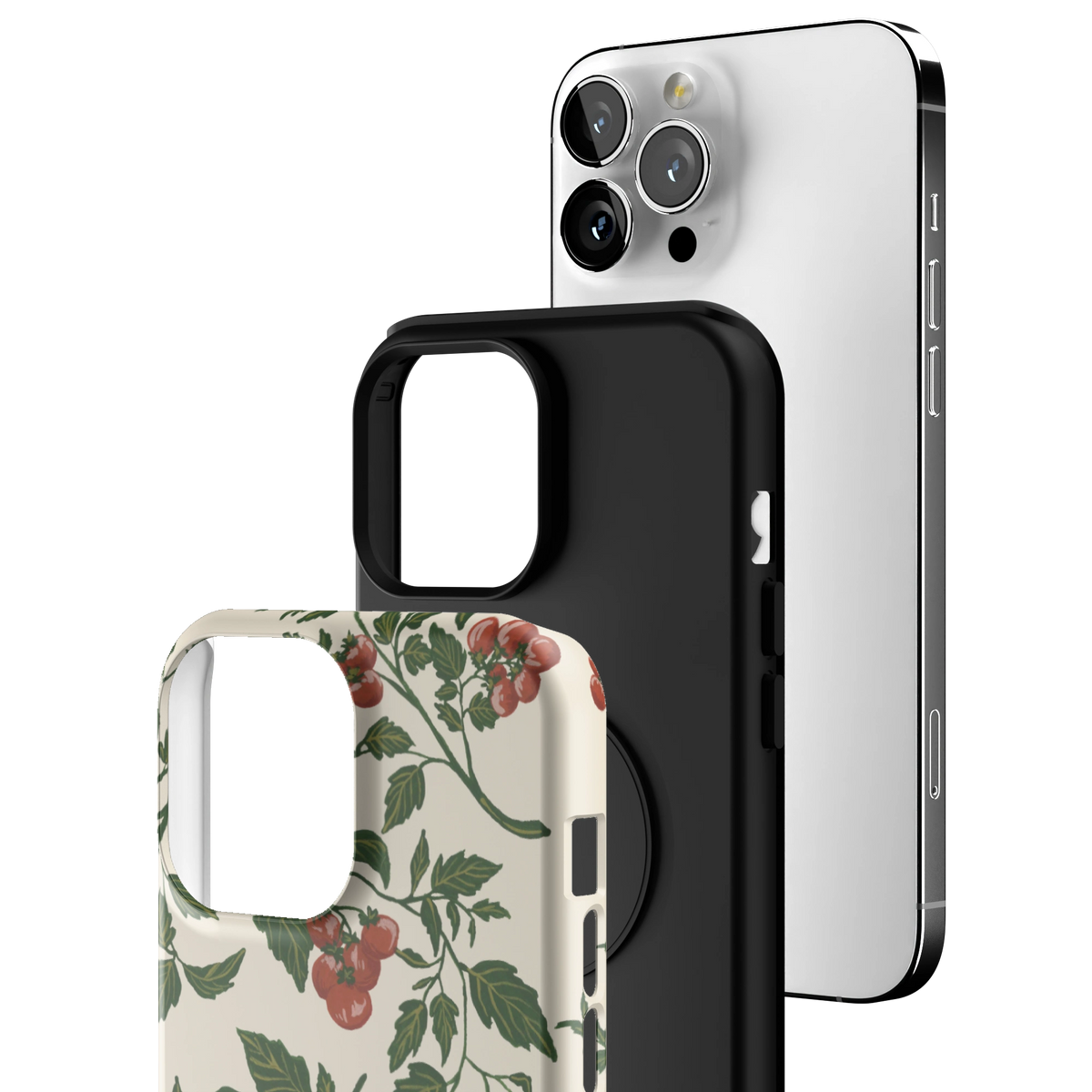 Exploded view of the Tomato Vines iPhone 13 Pro Max case: printed shell, black inner layer with MagSafe ring, and phone