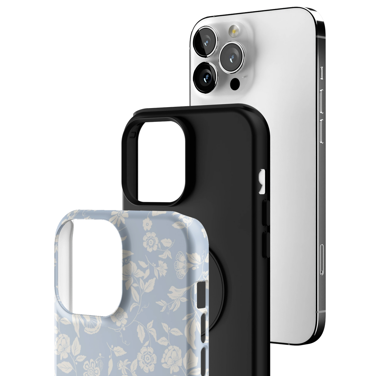 Exploded view of the Spritz iPhone 13 Pro Max case: printed shell, black inner layer with MagSafe ring, and phone