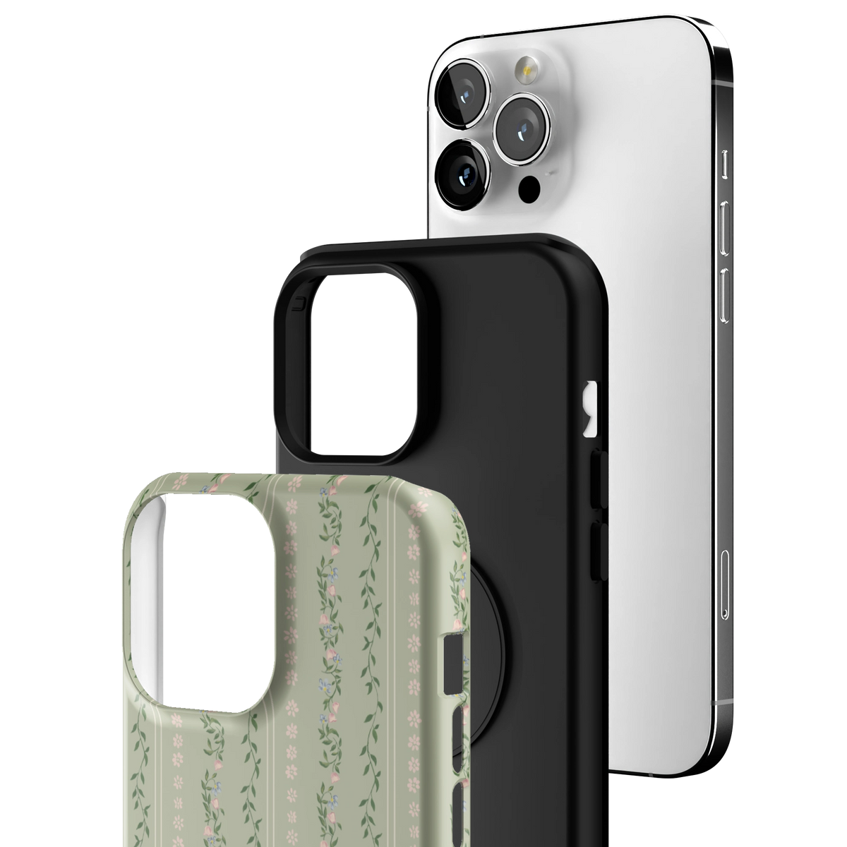 Exploded view of the Camellia iPhone 13 Pro Max case: printed shell, black inner layer with MagSafe ring, and phone