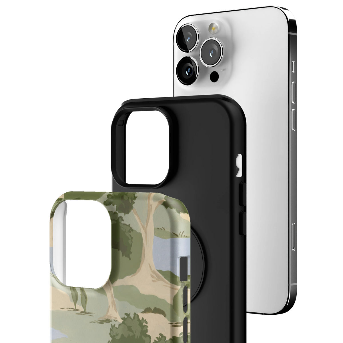 Exploded view of the Orchard iPhone 13 Pro Max case: printed shell, black inner layer with MagSafe ring, and phone