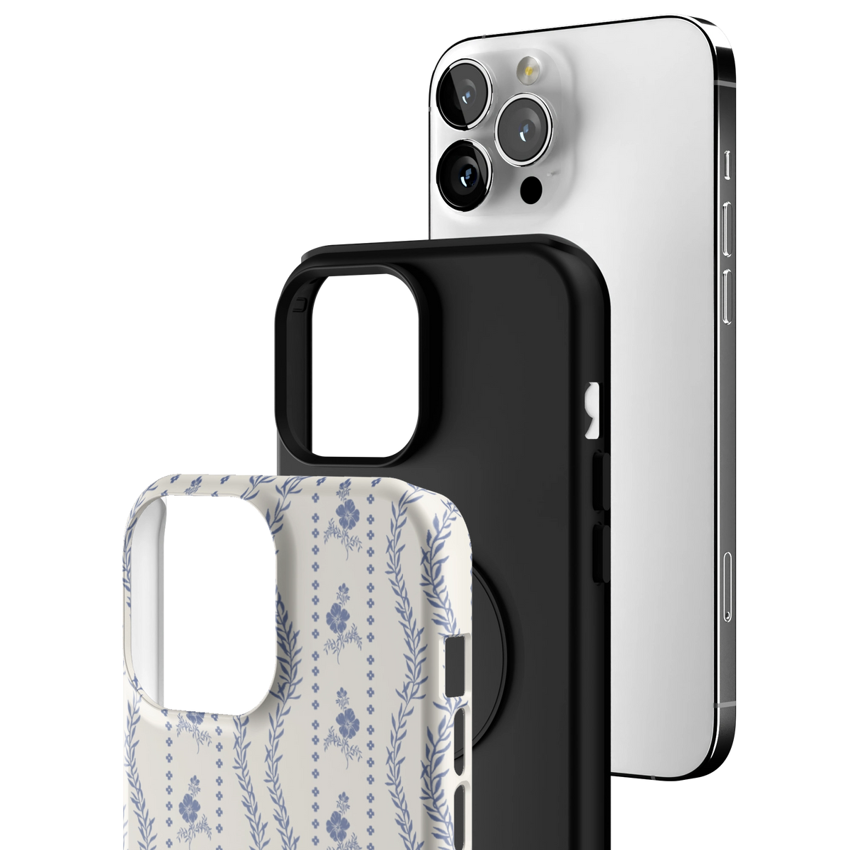 Exploded view of the Riviera iPhone 13 Pro Max case: printed shell, black inner layer with MagSafe ring, and phone