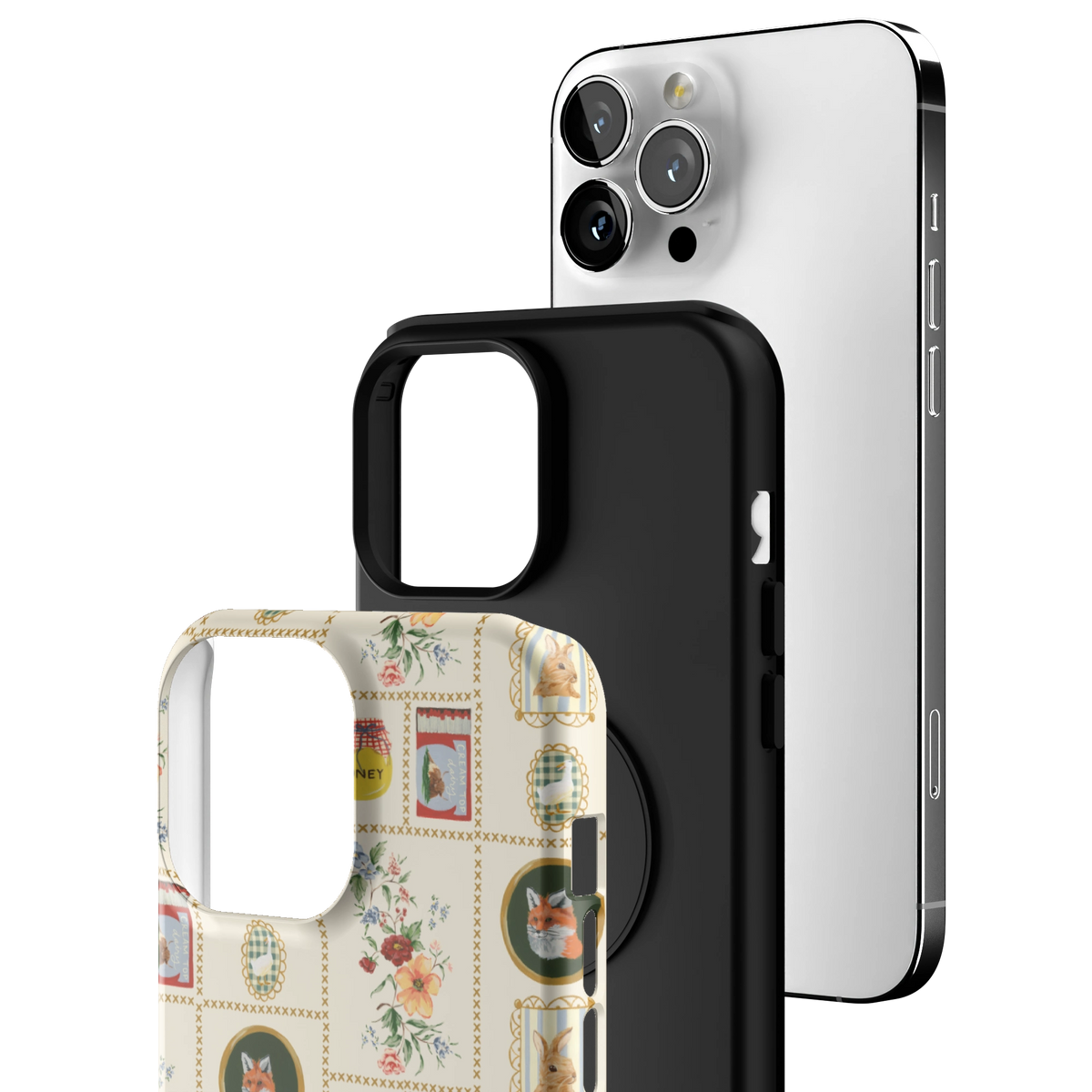 Exploded view of the Sampler Personalized iPhone 13 Pro Max case: printed shell, black inner layer with MagSafe ring, and phone